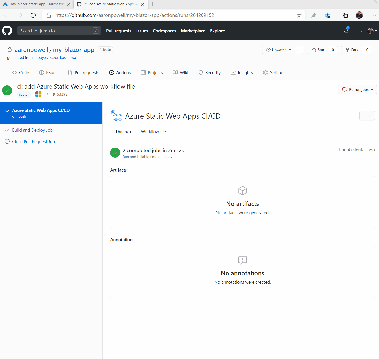 gif of Action completing and then going to the portal to open the deployed app
