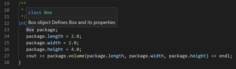 Hovering over Box provides a tooltip with the comment for the Box member function