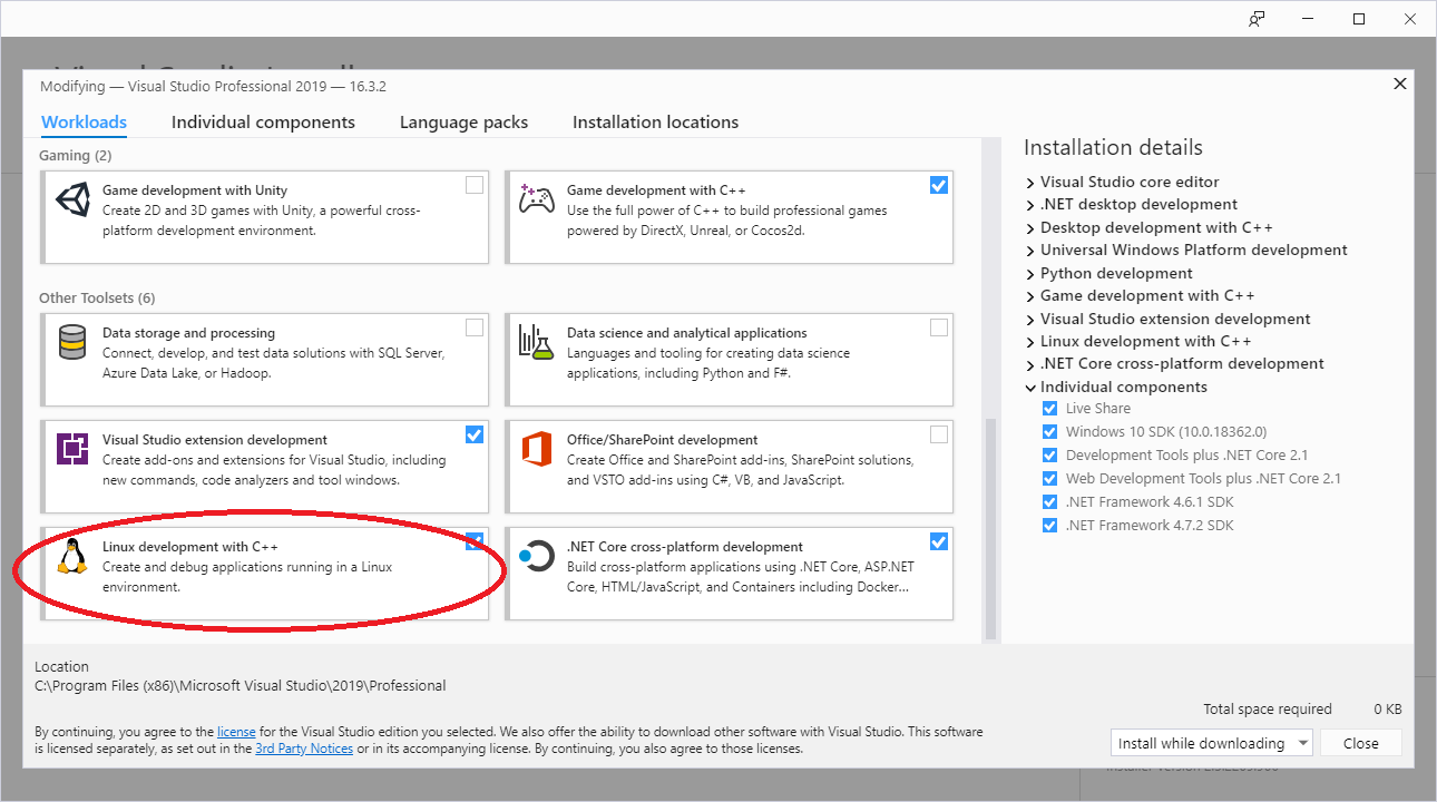 The Linux development with C++ workload in the Visual Studio installer.