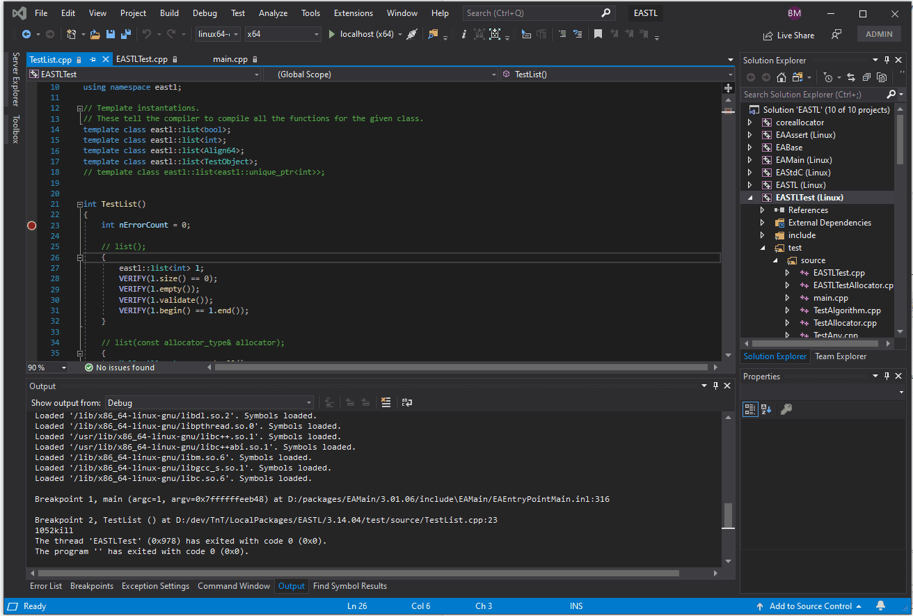 EA debugging a unit test on the Windows Subsystem for Linux.