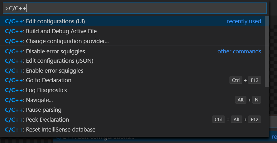 screenshot that shows searching for C++ settings in the command palette