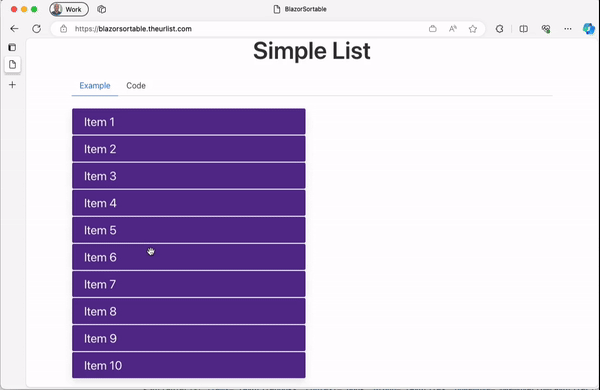 A screenshot of the blazor sortable demos