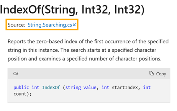 Screenshot of String.IndexOf Method showing placement on the new link to source below the overload title