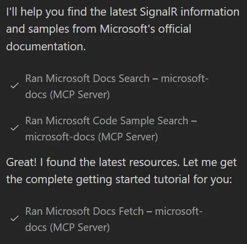 Screenshot of Copilot Chat using MS Learn MCP Server to get information about a framework or library