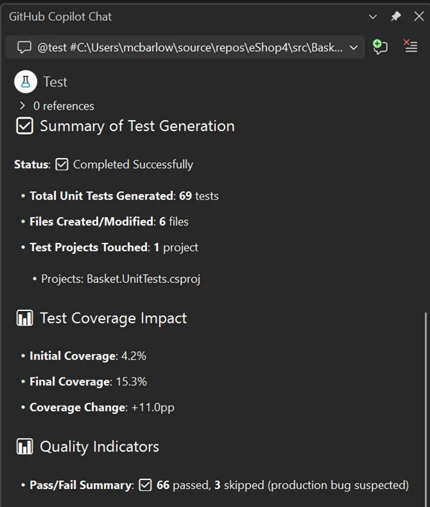 Screenshot of the post-generation summary in Copilot chat