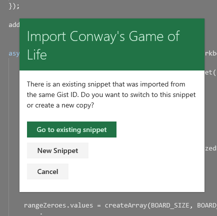 Dialog prompting whether to go existing snippet or create a new copy of the snippet