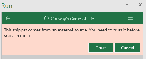 Dialog prompting whether to trust the externally-imported snippet