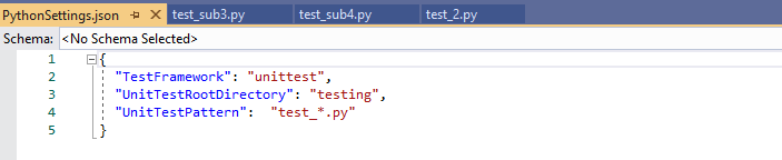 json settings file for tests