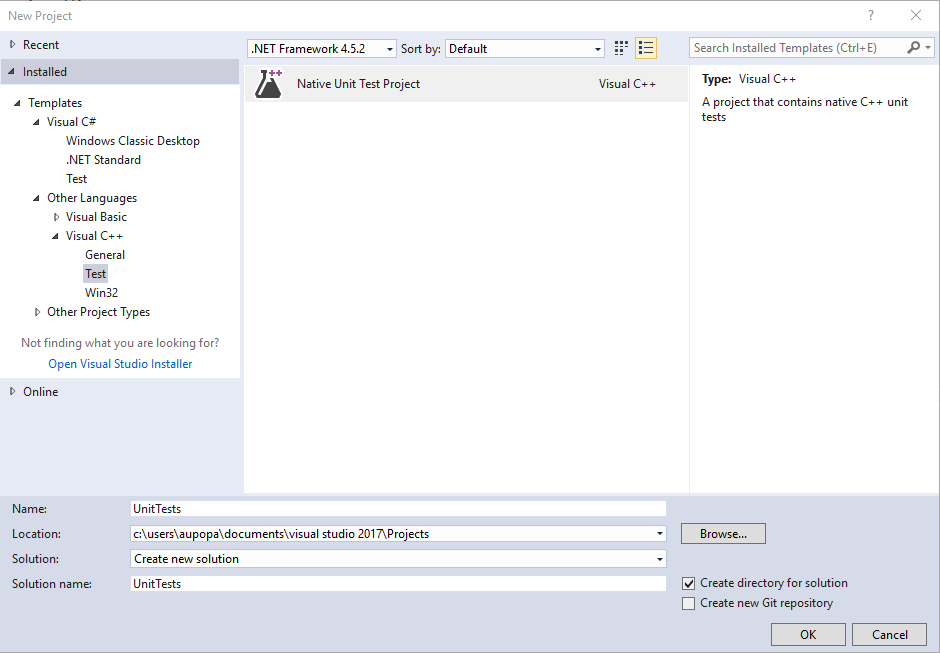 Image New Project Wizard for Testing
