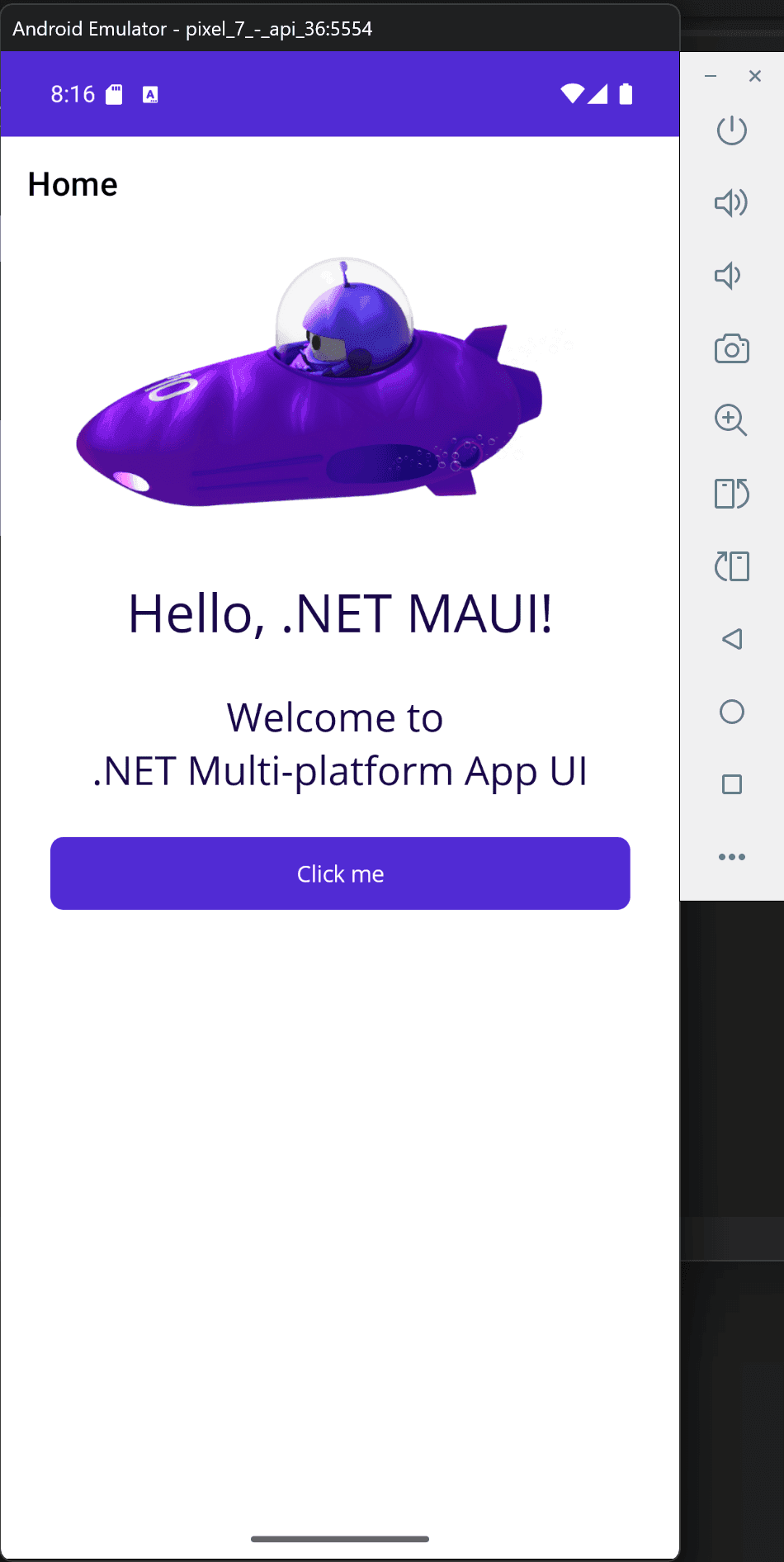 Android emulator running the .NET MAUI app. A 'Hello, .NET MAUI!' message is displayed.