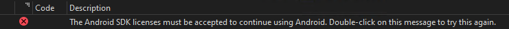 Error message on the Error List window showing that the Android SDK license hasn't been accepted.