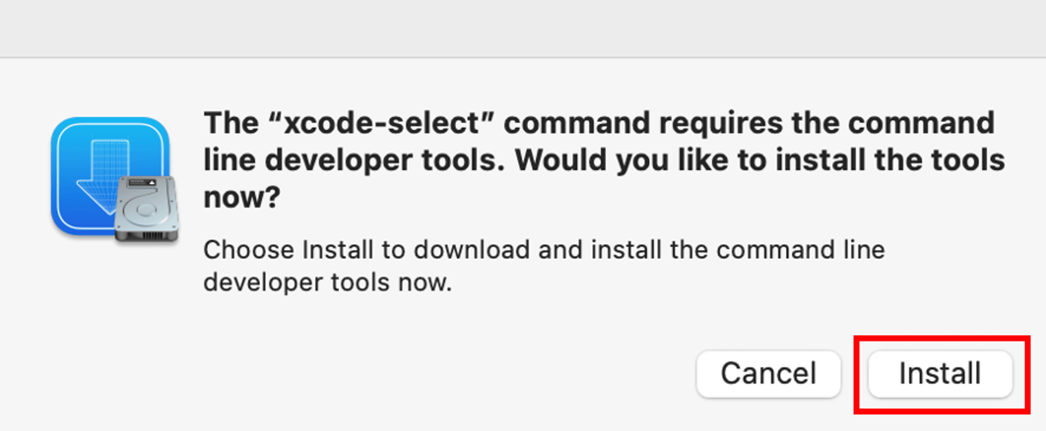 Xcode's prompt to install command line developer tools