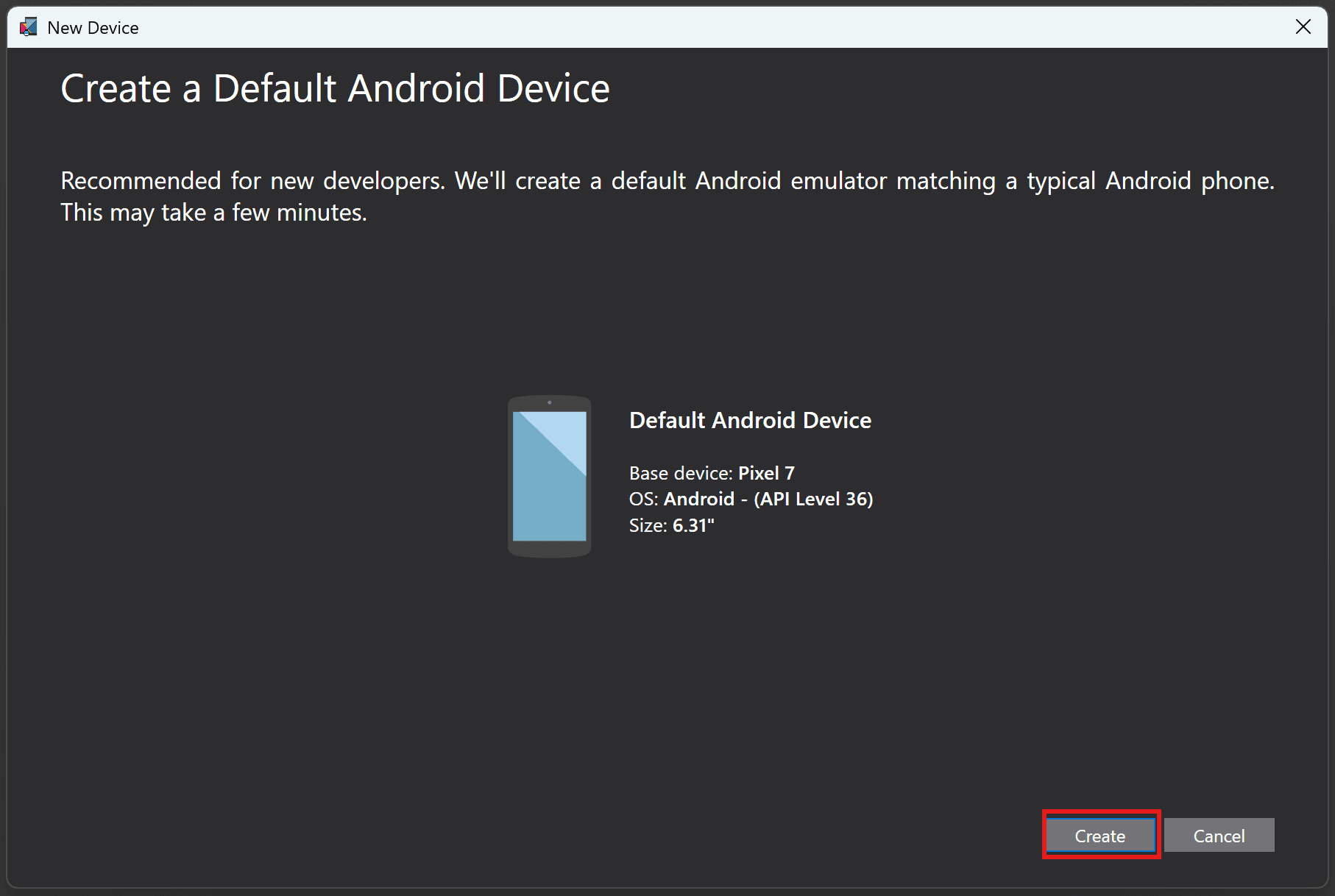 Dialog to create a new Android emulator with default settings populated.