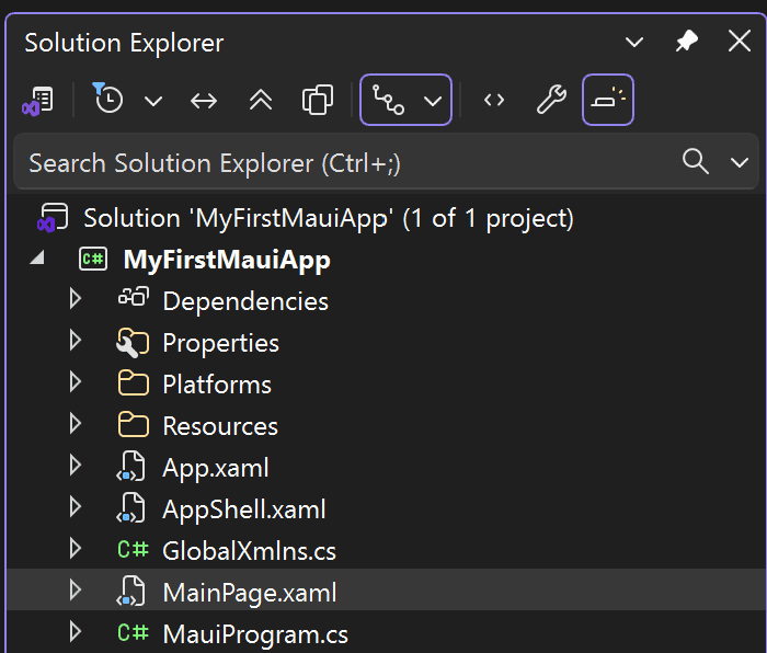 Solution Explorer pane with MainPage.xaml file highlighted.