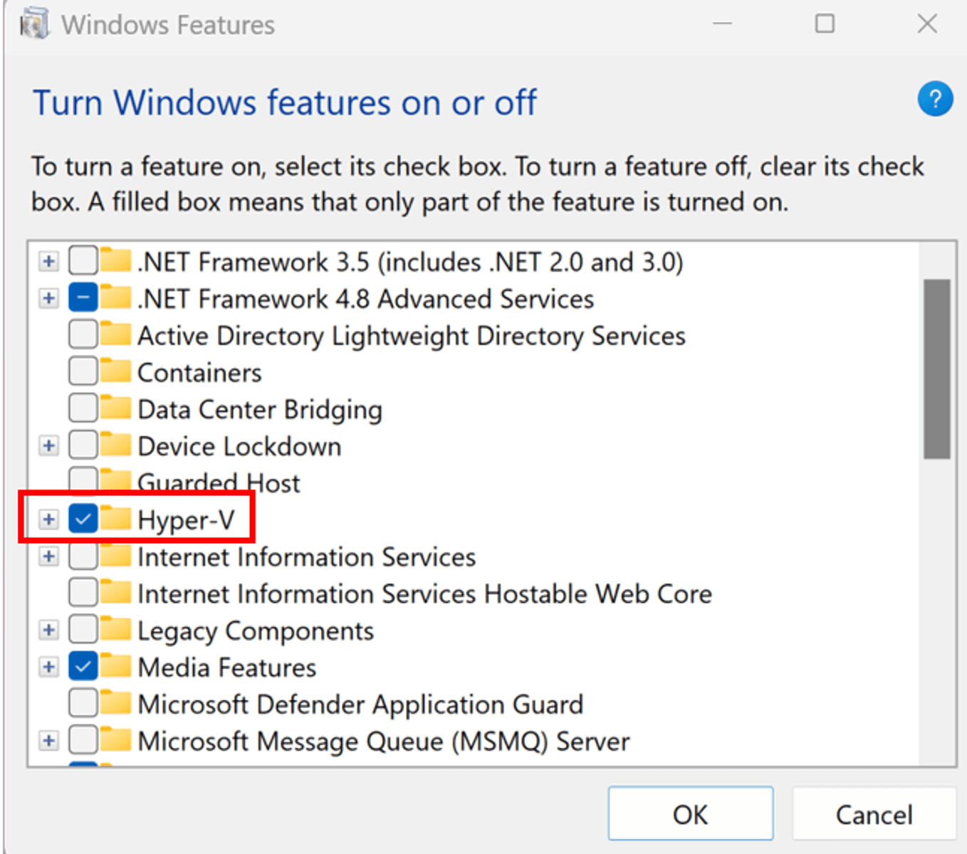 Windows Features with Hyper-v box checked