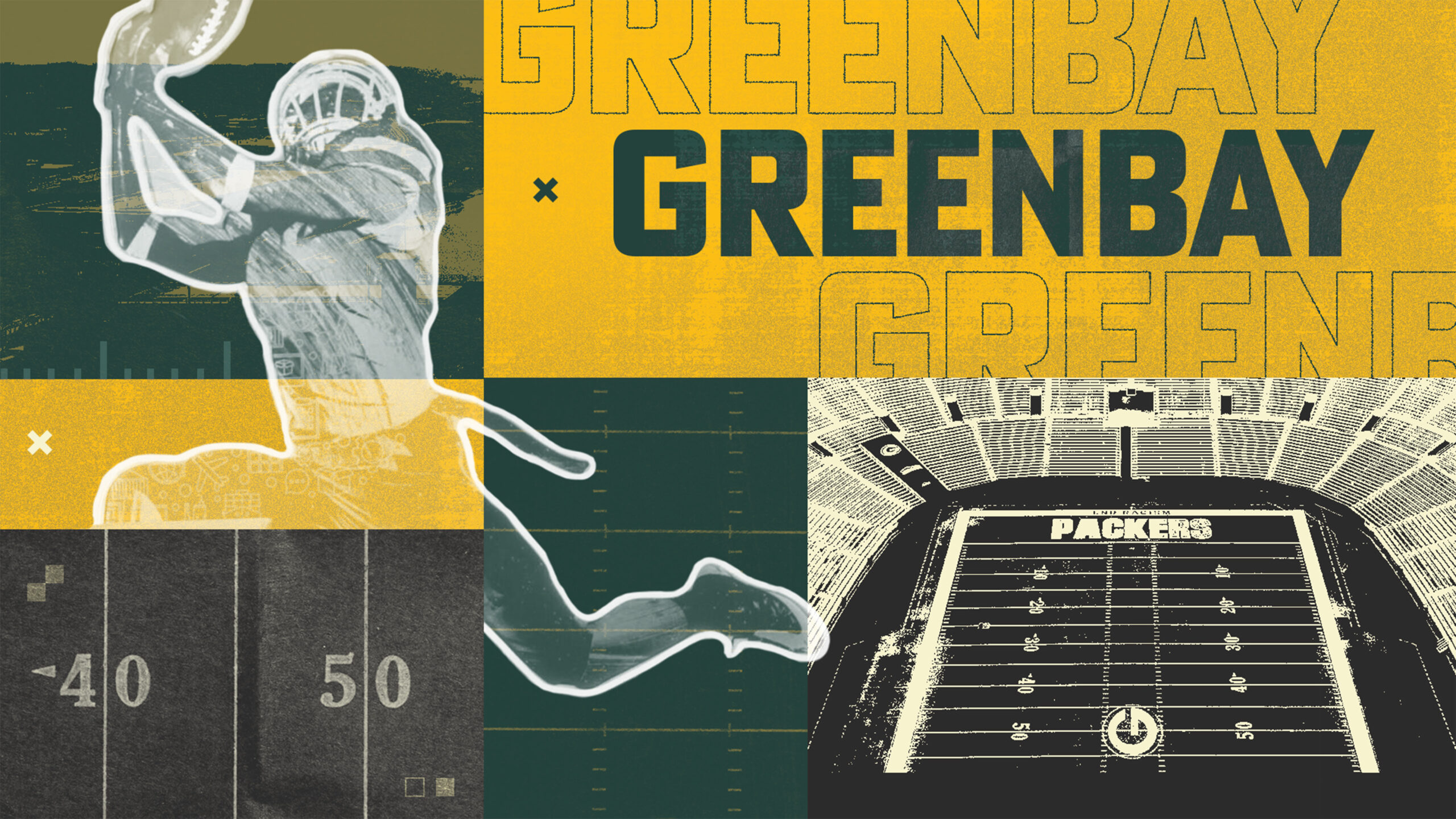 Collage featuring a Green Bay Packers football player silhouette, green and yellow team colors, “Green Bay” text, and an aerial view of Lambeau Field stadium.