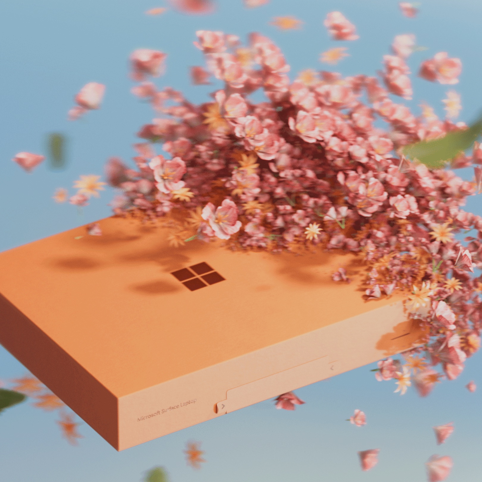 A Microsoft Surface Laptop in a warm peach/orange color floats against a soft blue sky, surrounded by cascading pink cherry blossoms and small wildflowers.